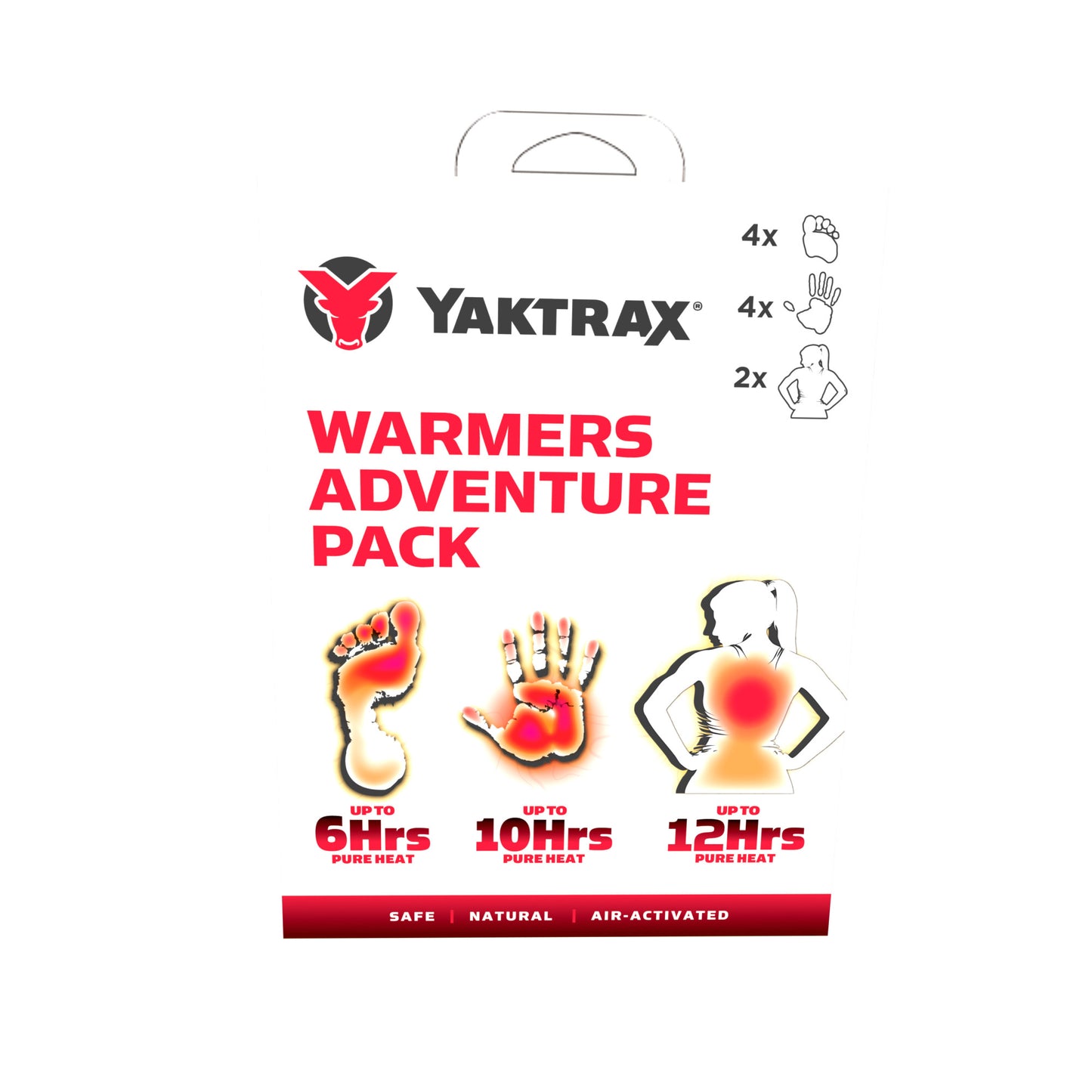 The packaging displays heating pack illustrations indicating heat duration for feet hands and back