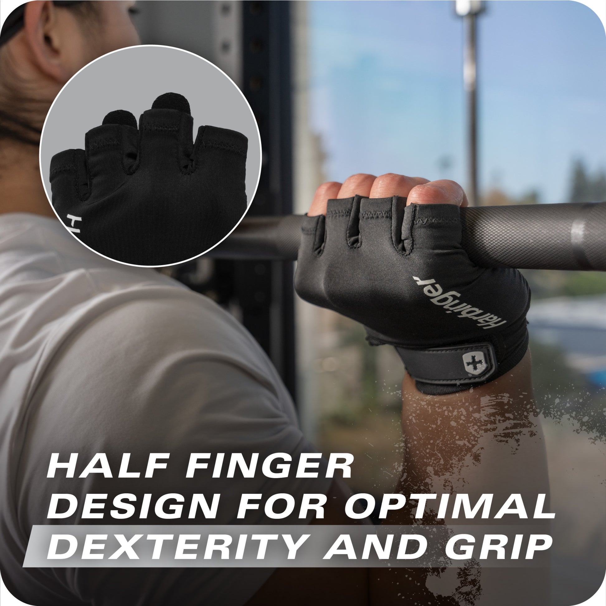 A gloved hand grips a barbell during workout with text highlighting half finger glove design for grip.
