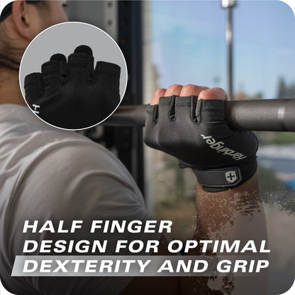 A gloved hand grips a barbell during workout with text highlighting half finger glove design for grip.