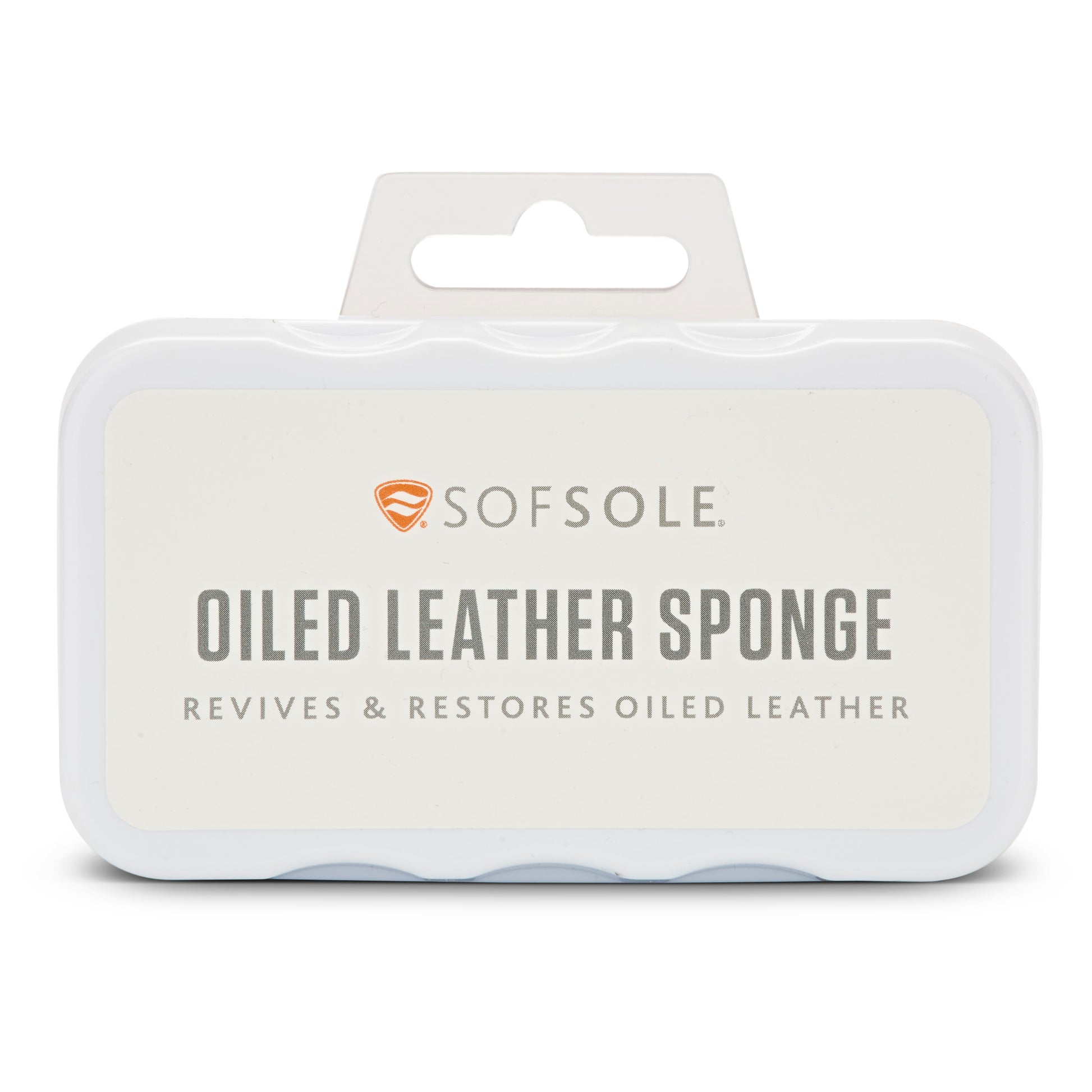 Oiled leather sponge revives leather in a white container with a hanging tab on top.