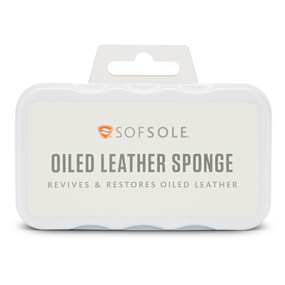 Oiled leather sponge revives leather in a white container with a hanging tab on top.