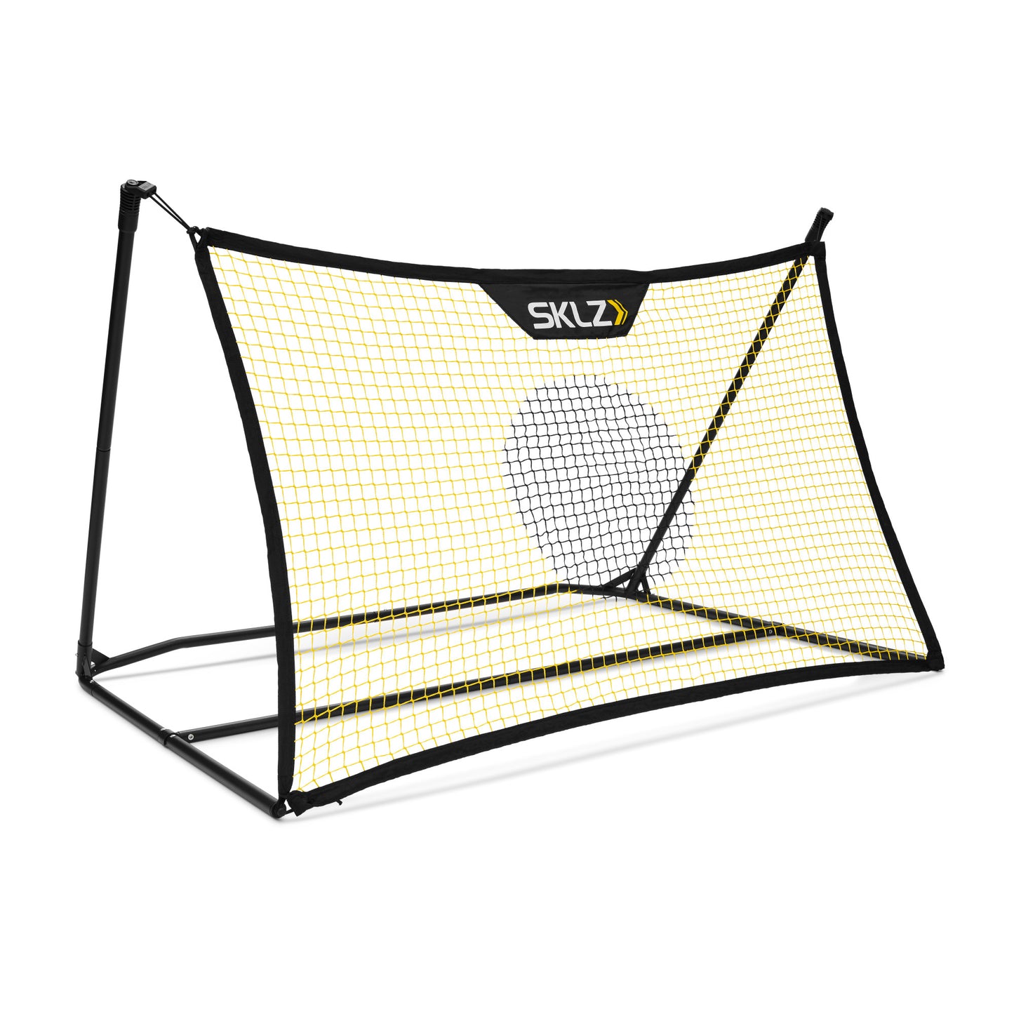 The hockey target strikes a ball into a net on a plain background