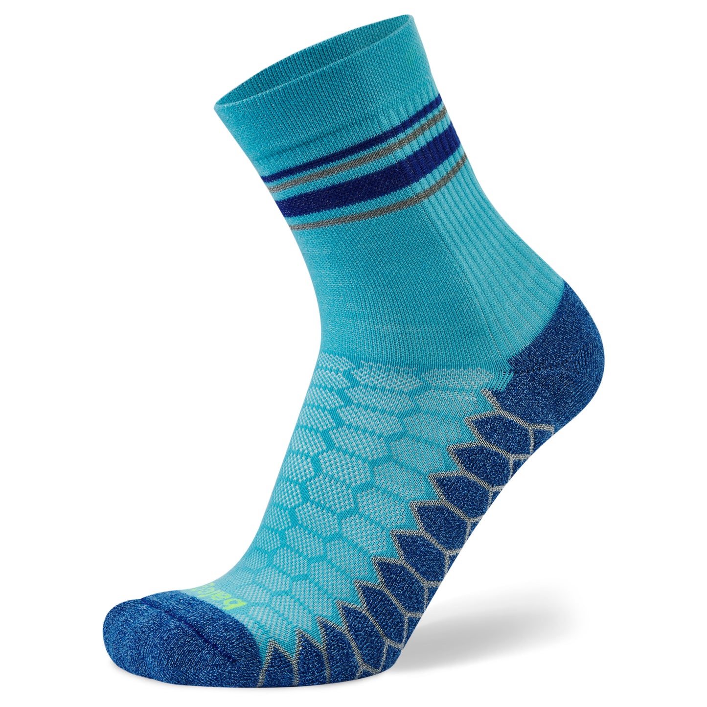 A blue athletic sock displays honeycomb and geometric patterns for sports use.