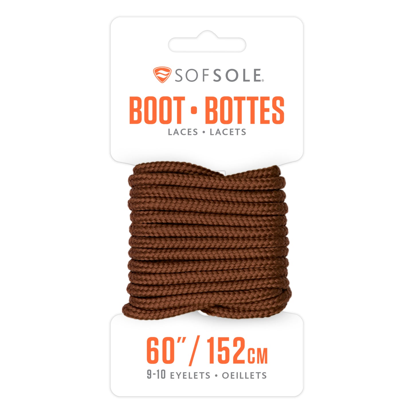 Brown laces are coiled on packaging for shoelaces in a retail display.