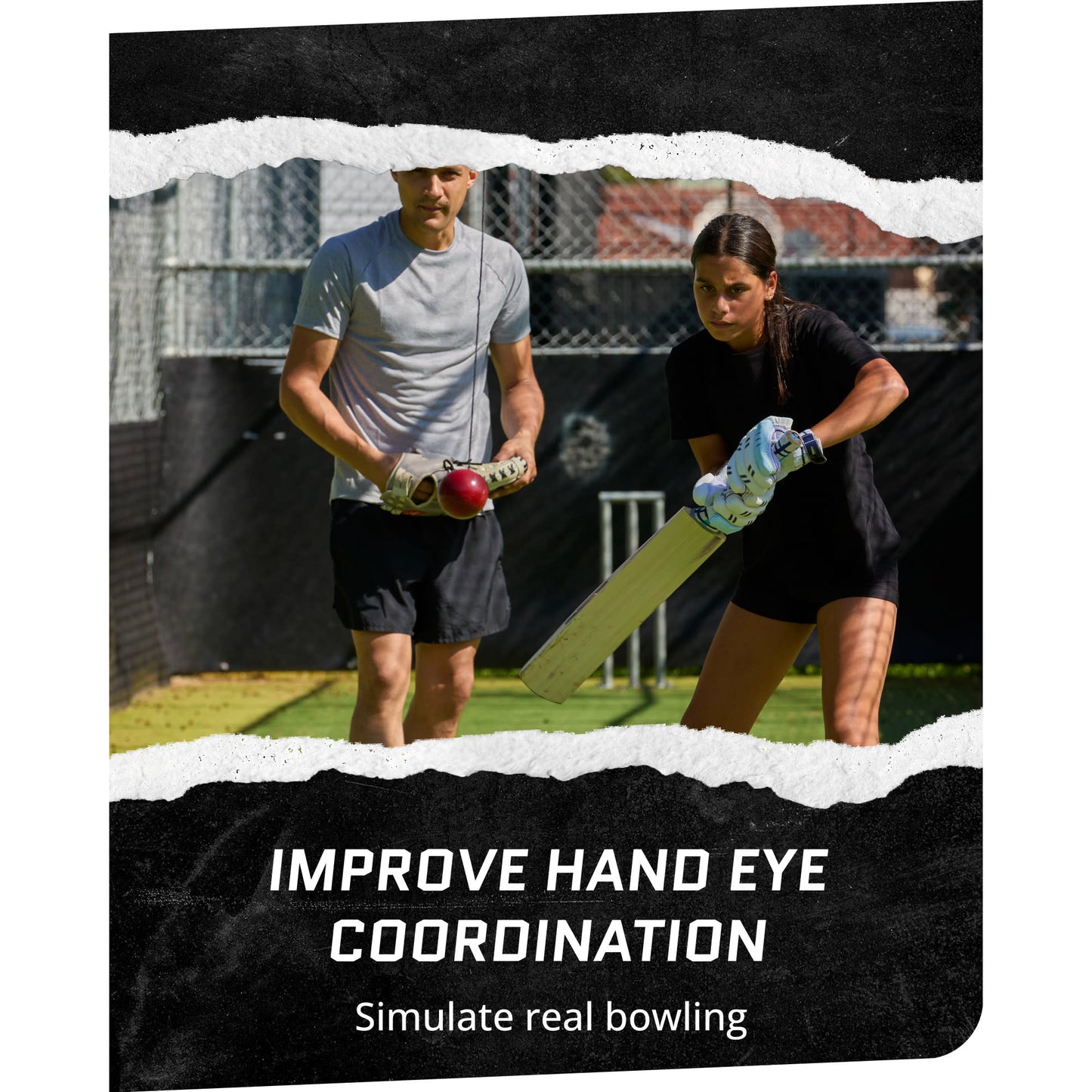 Action shot of female using SKLZ Cricket Batball Trainer with male watching at a field with overlay text highlighting improve hand eye coordination