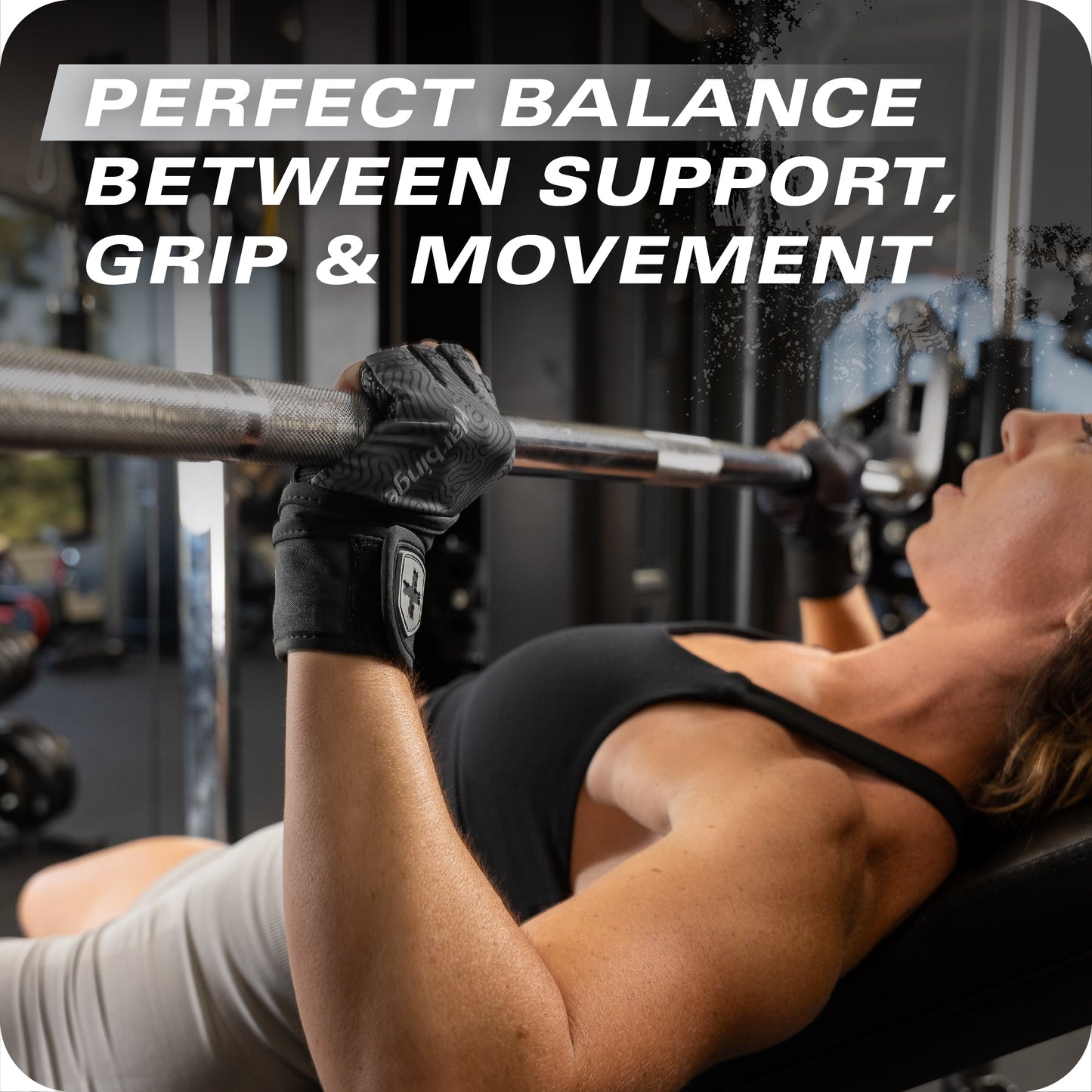 Woman lifts weights with proper grip and support in a gym setting