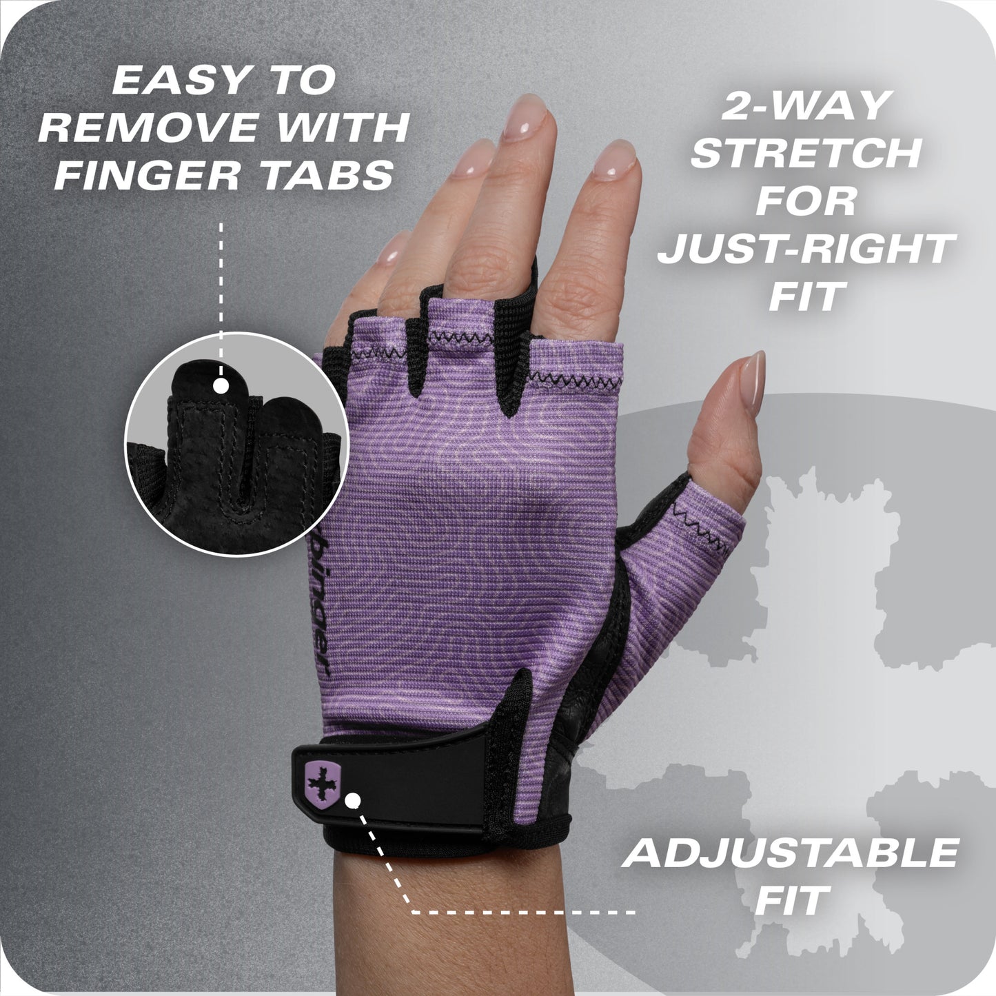 A fingerless glove with removable finger tabs and adjustable fit for comfort.