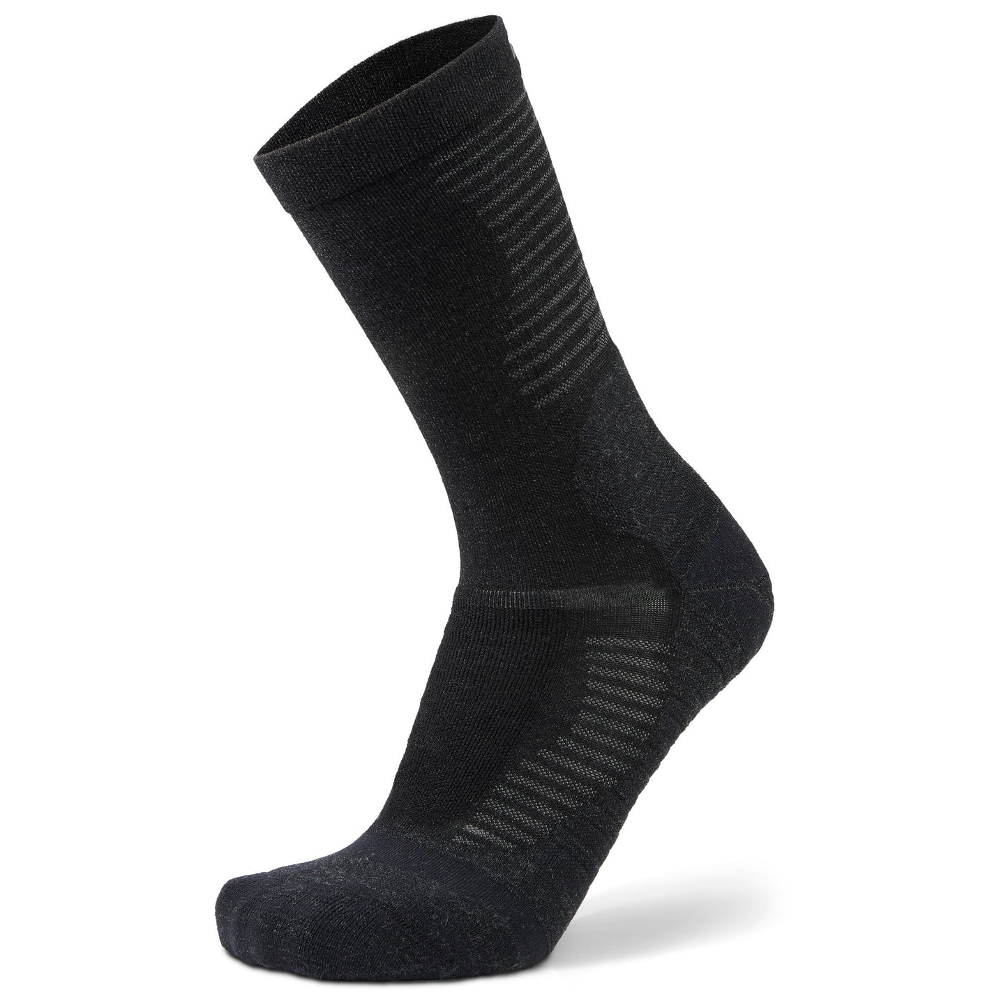Side (outer) view of black Hike Performance crew socks, by Balega