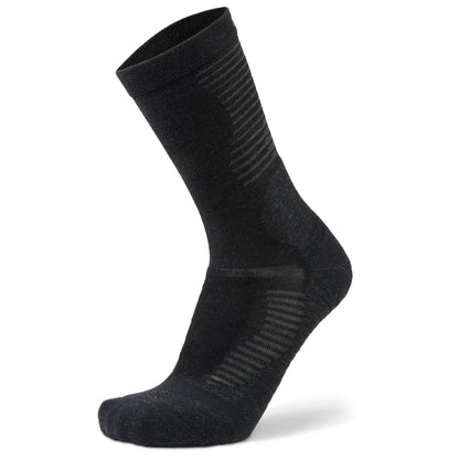 Side (outer) view of black Hike Performance crew socks, by Balega