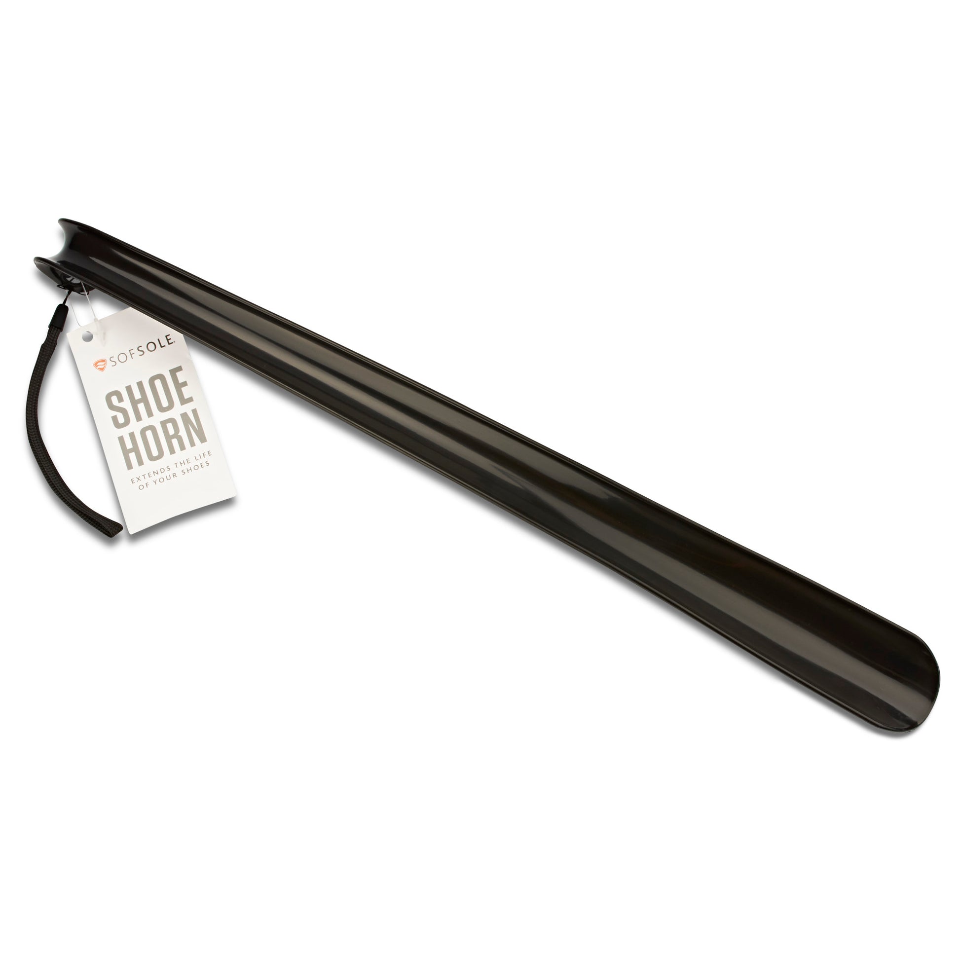 Shoe horn extends from a tag in a retail setting to assist in putting on shoes.
