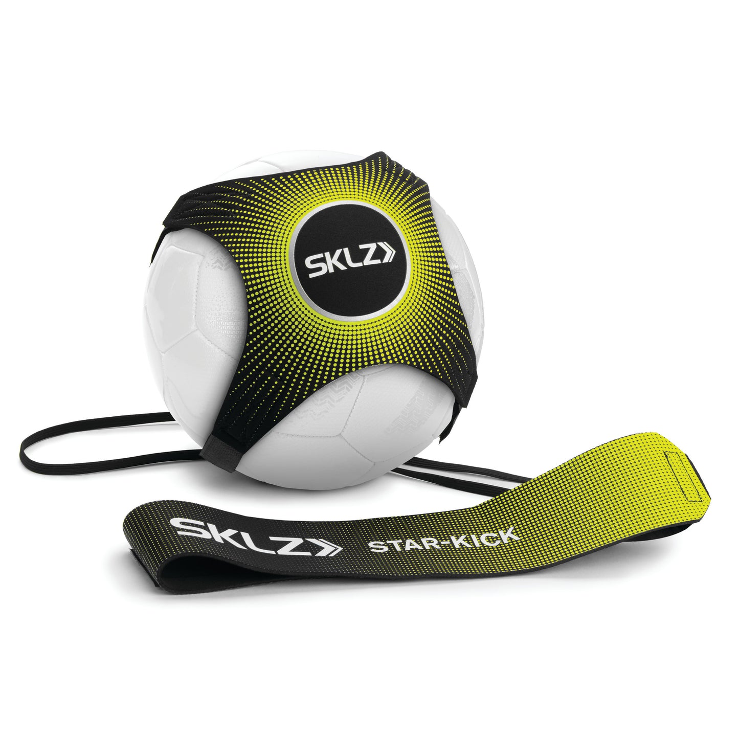 A soccer ball is secured with a strap and ankle cuff for training or drills