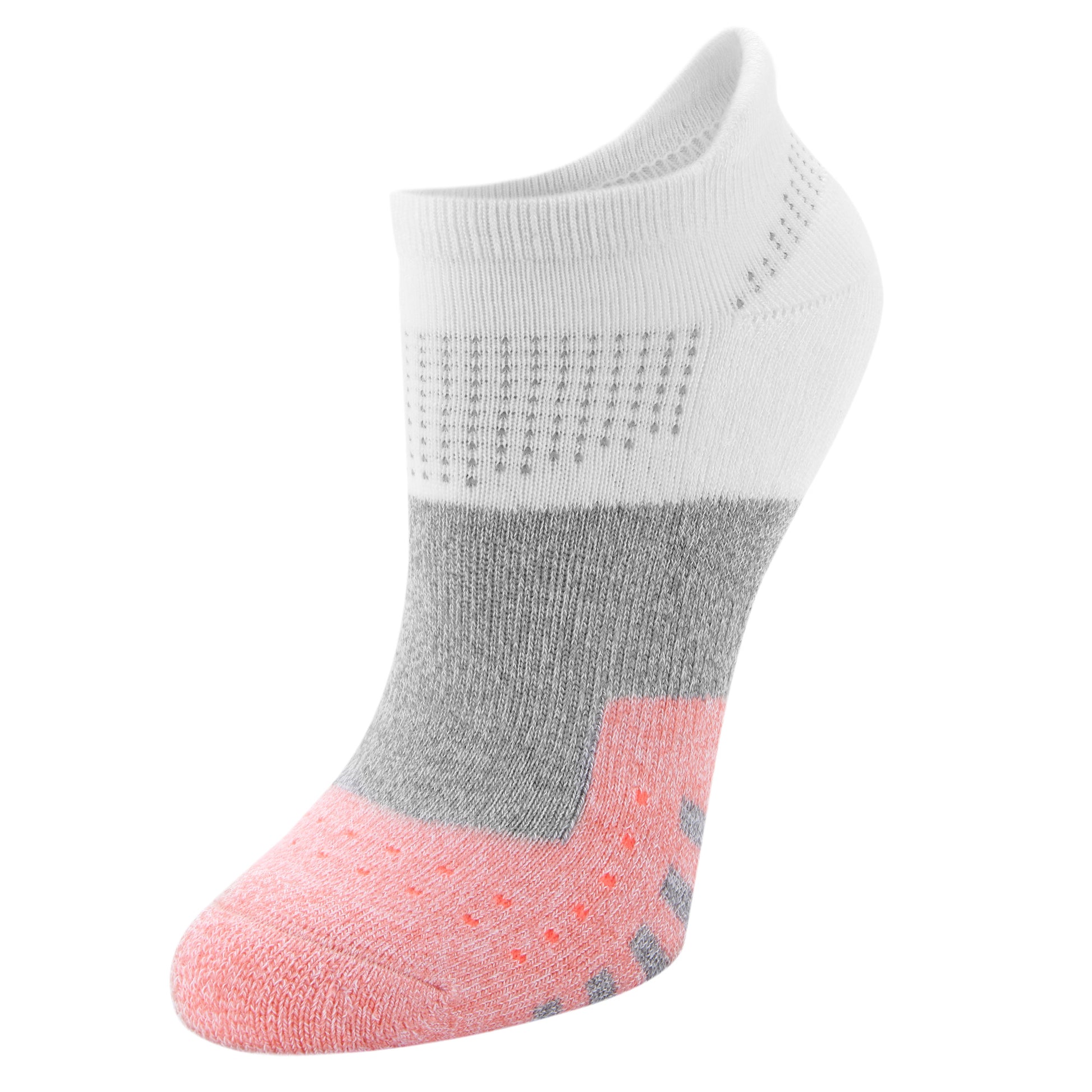 A multicolored sock with gray white and pink sections displayed on a foot mannequin.