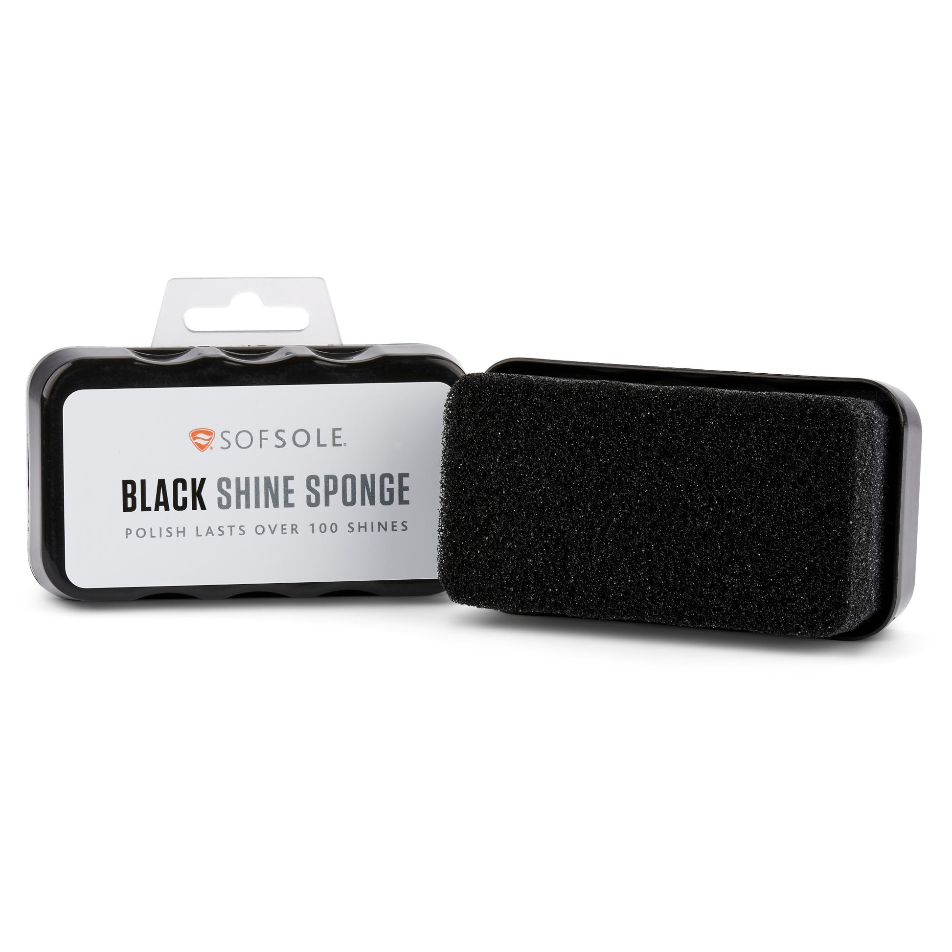 A black shine sponge cleans and polishes in a box for shoe care.