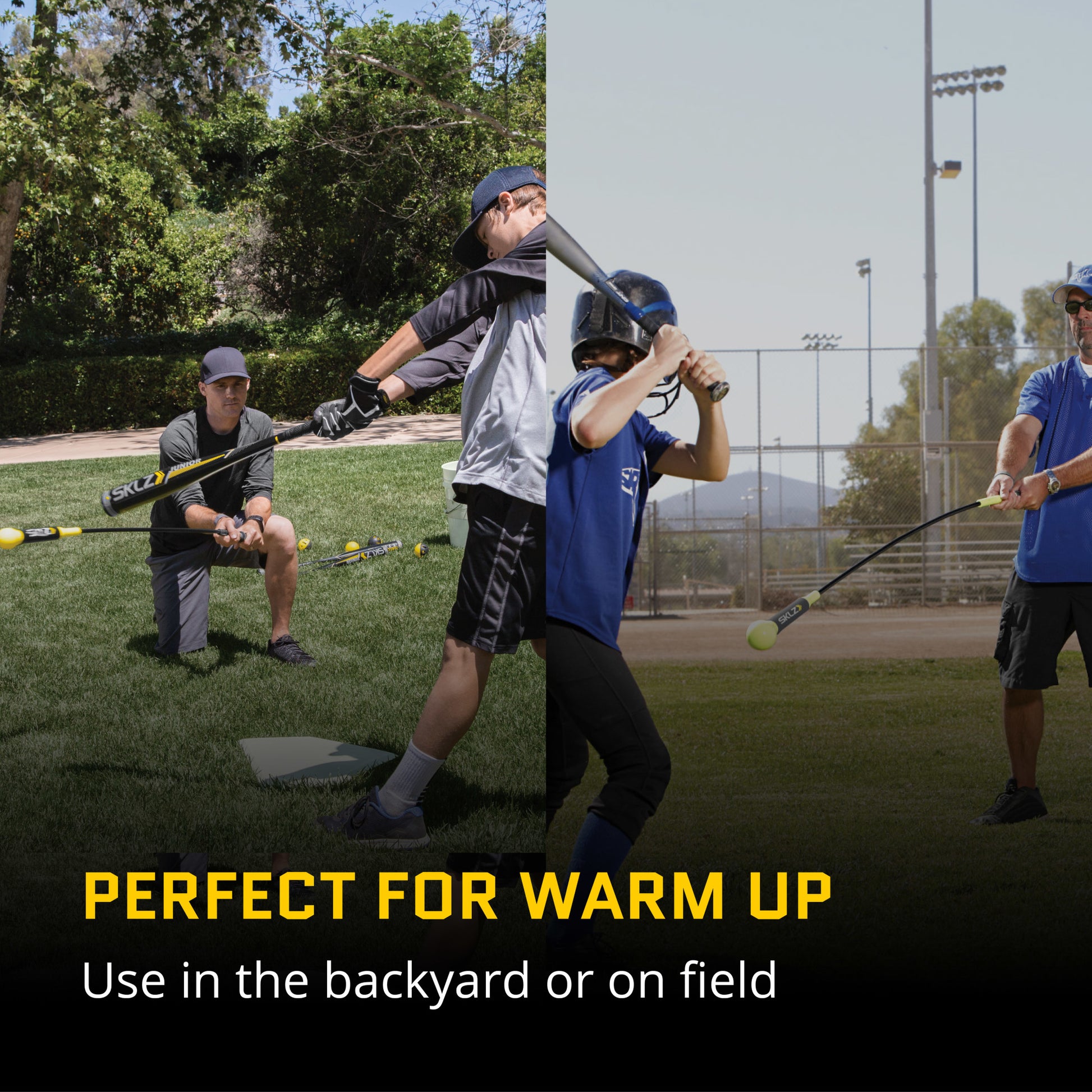 Children practicing baseball swings outdoors on a field for warmup