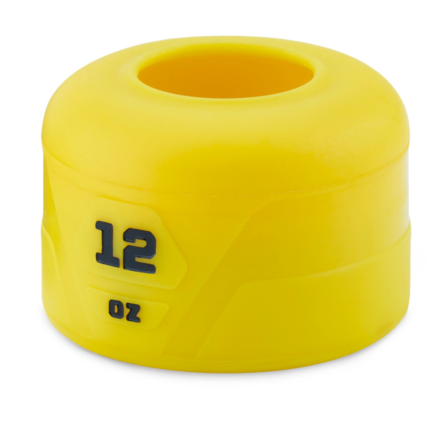 Yellow weight with black numbers indicating twelve pounds resting on a plain white background.