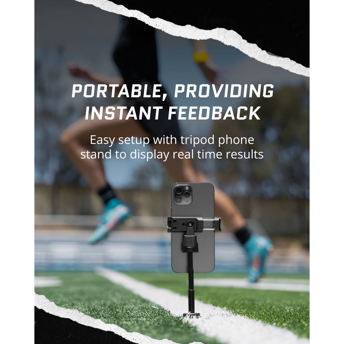 A smartphone on a tripod stands on a running track providing instant feedback during a race