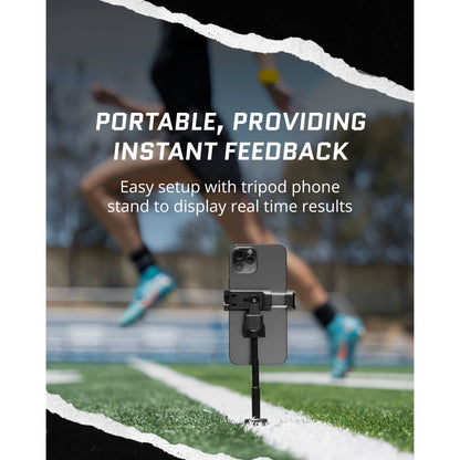 A smartphone on a tripod stands on a running track providing instant feedback during a race