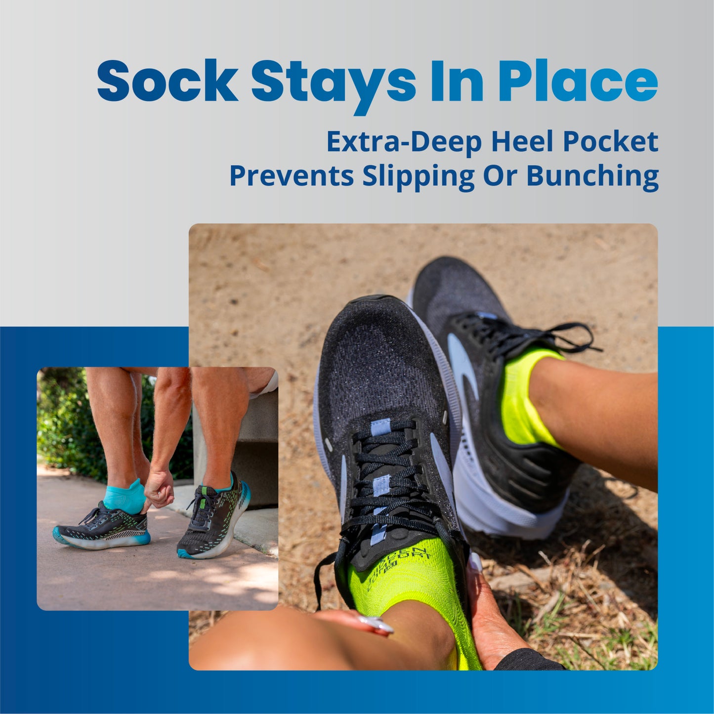 Sneakers show socks securely in place on feet outdoors, highlighting comfort and fit to prevent slipping.