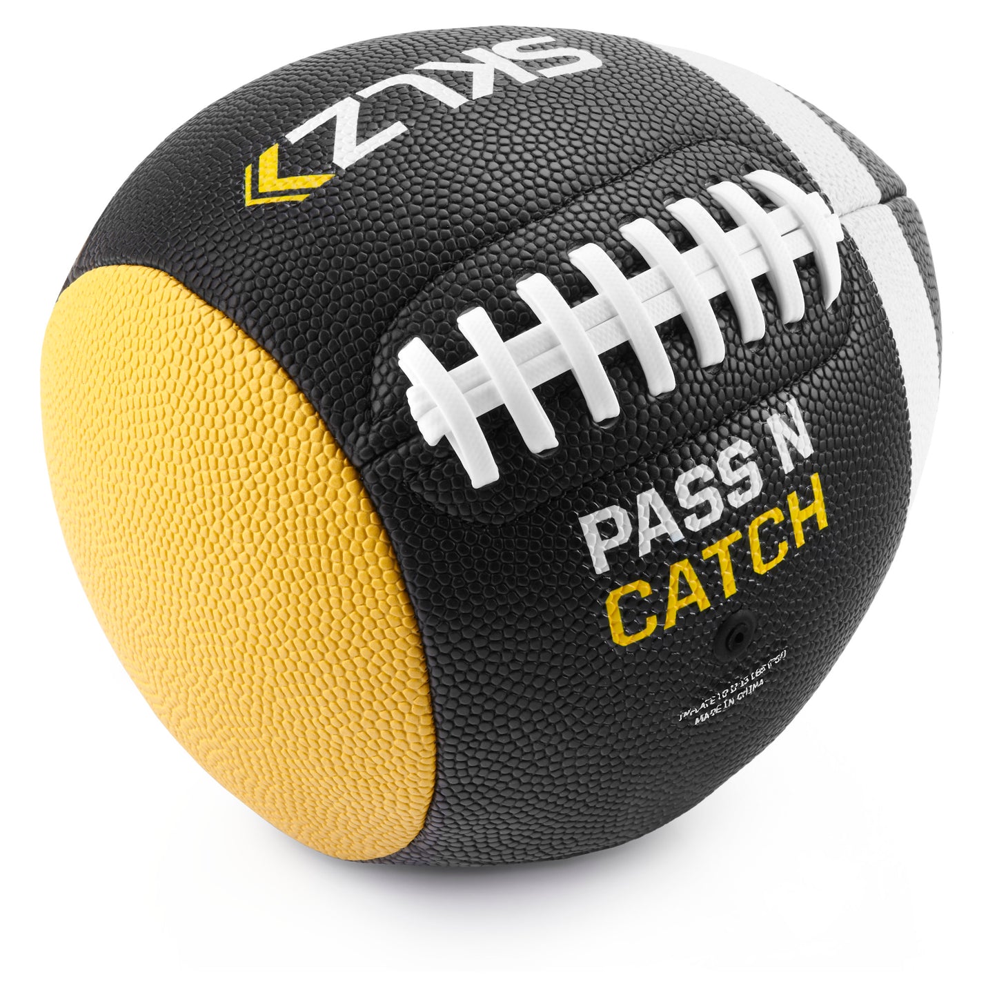 A black and yellow football with a white zipper and Pass N Catch text on a plain white background.
