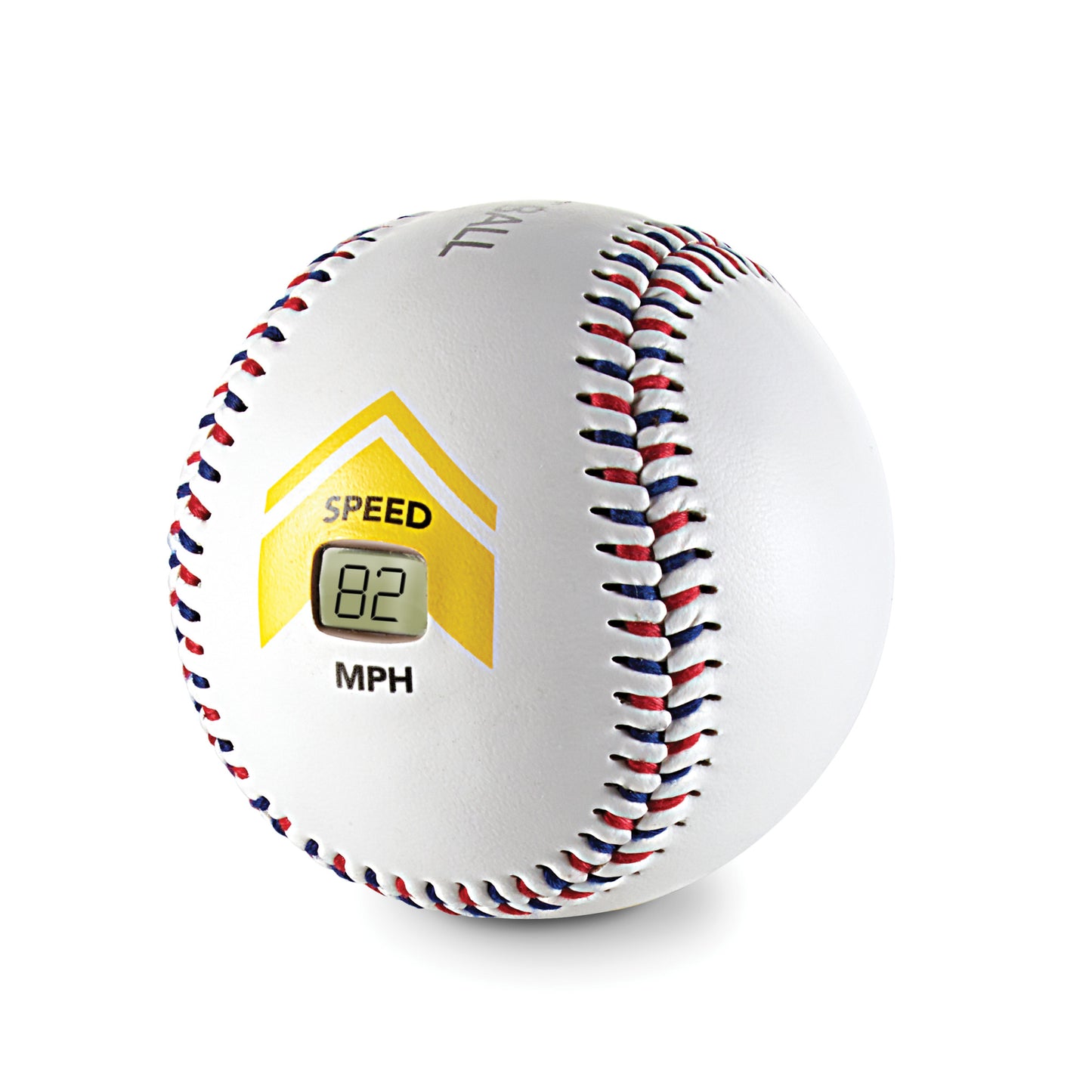 A baseball displays a digital speed reading of eightytwo miles per hour on a yellow indicator