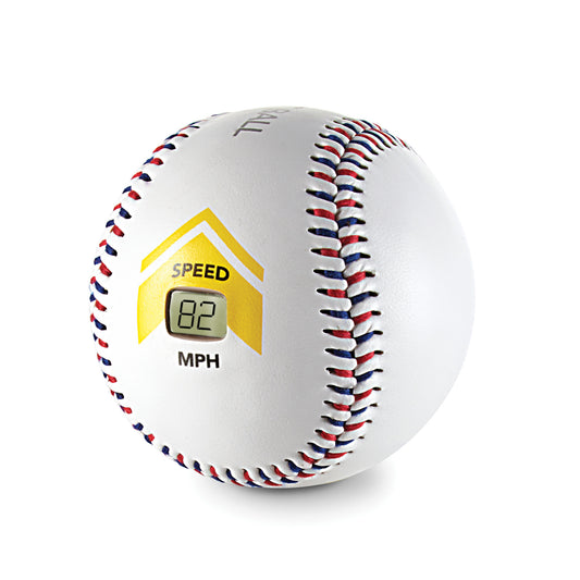 A baseball displays a digital speed reading of eightytwo miles per hour on a yellow indicator