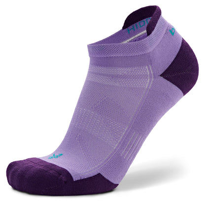 A purple and black athletic sock supporting foot compression on a white background.