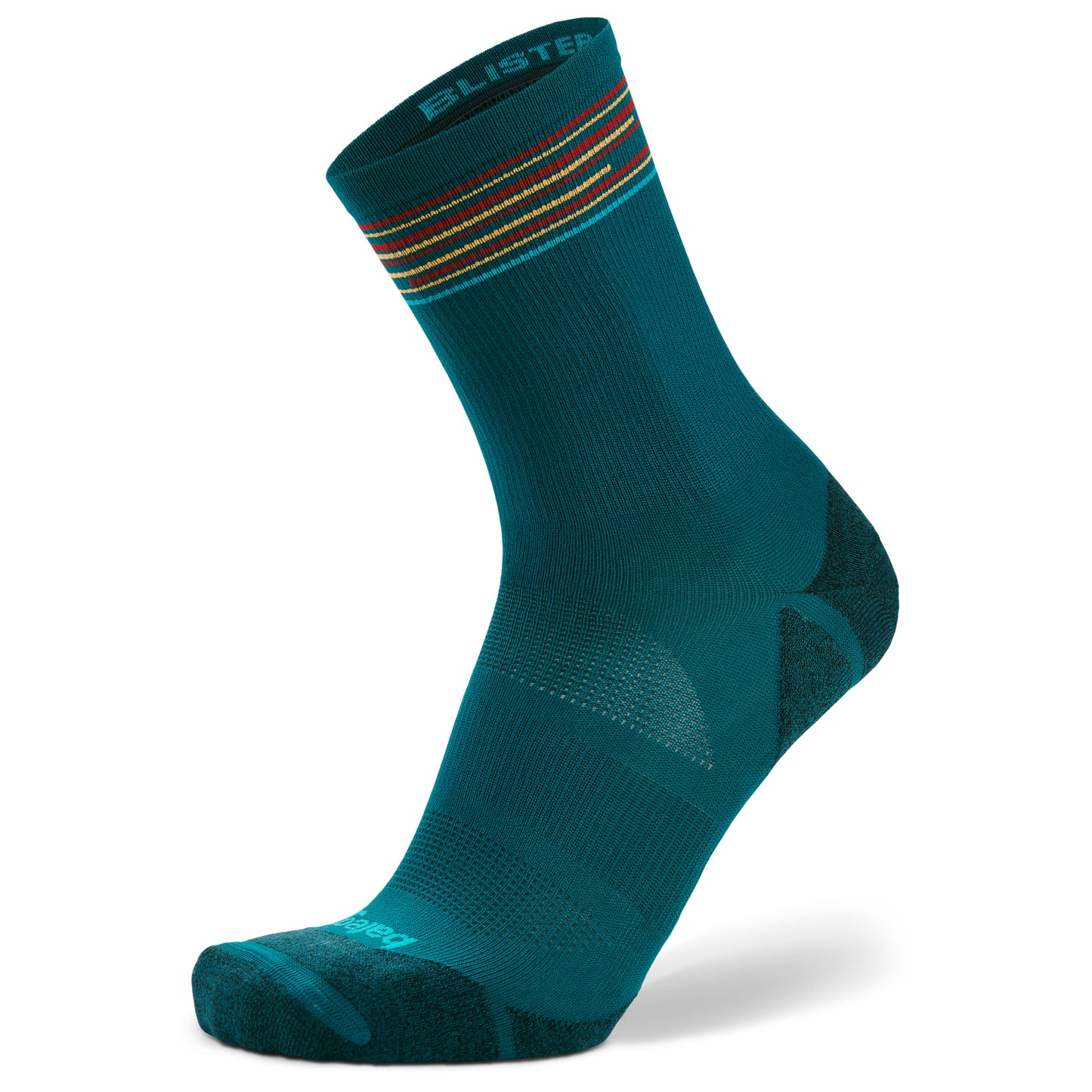 A teal athletic sock labeled Blister stands upright on a white background.