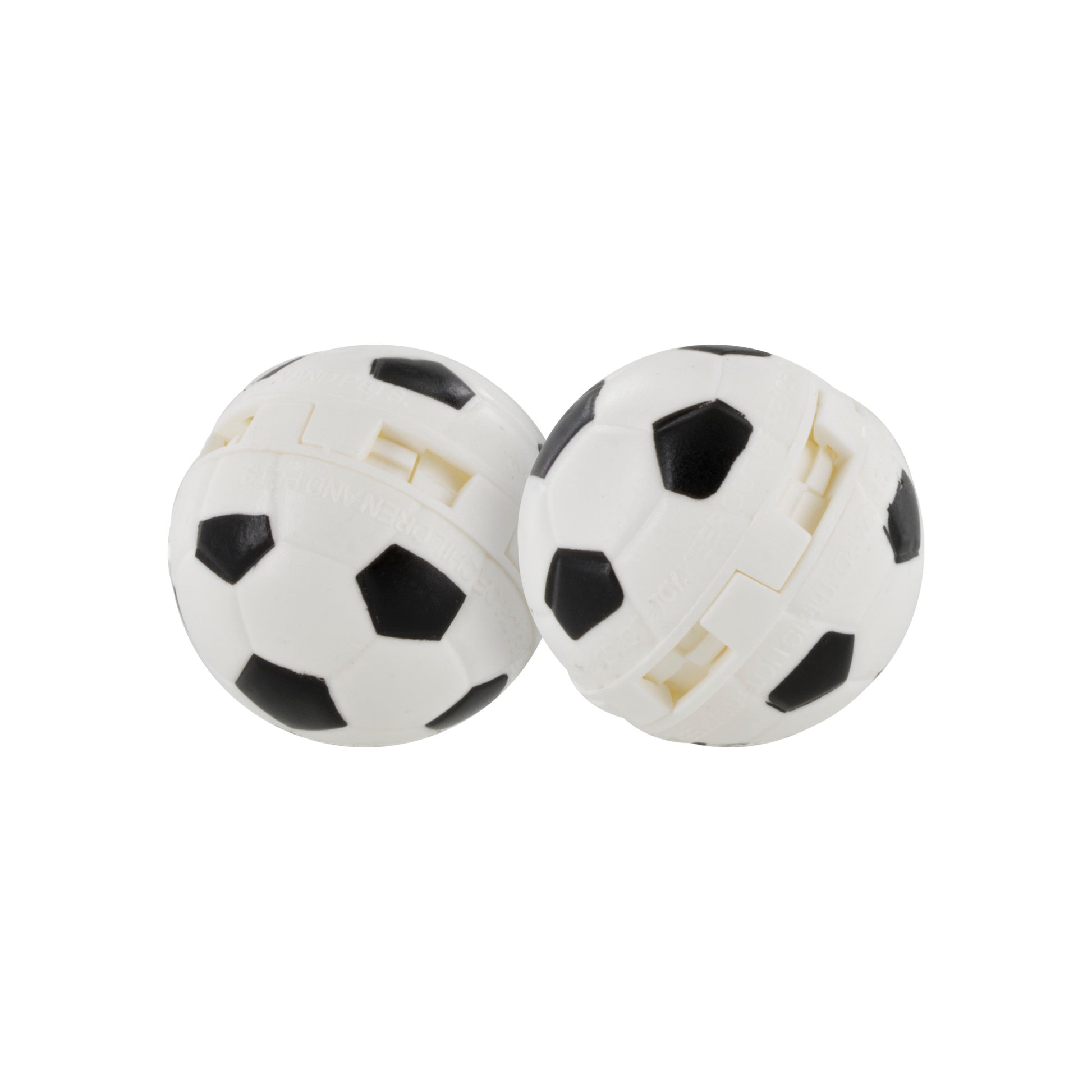 Two soccer ball-shaped fidget toys rotate against a plain white background.