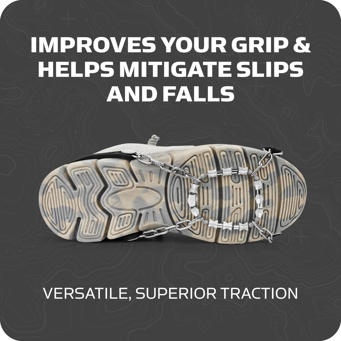 Chain attaches to sole of a shoe to improve grip and traction on terrain