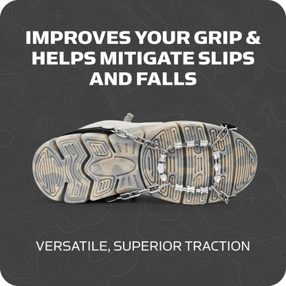 Chain attaches to sole of a shoe to improve grip and traction on terrain
