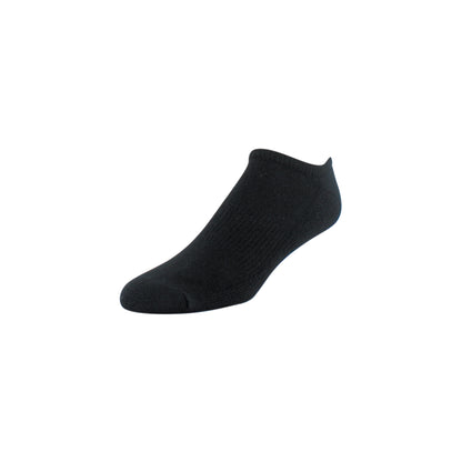 A black sock is displayed isolated on a white background.