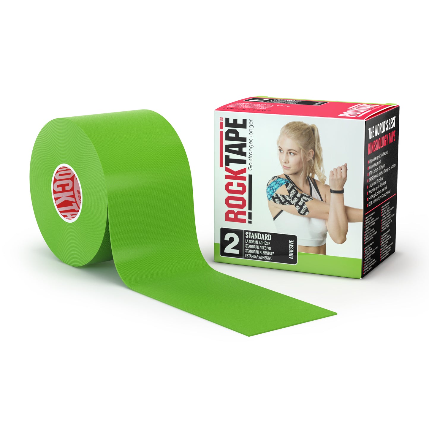 Green rock tape unrolls from its packaging in a white environment.