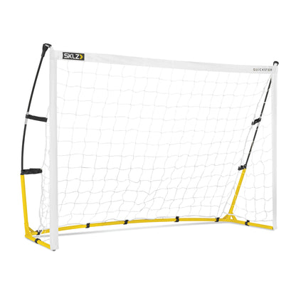 A portable soccer goal stands on a plain white background for sports practice or games