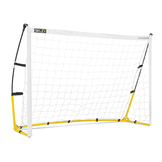 A portable soccer goal stands on a plain white background for sports practice or games