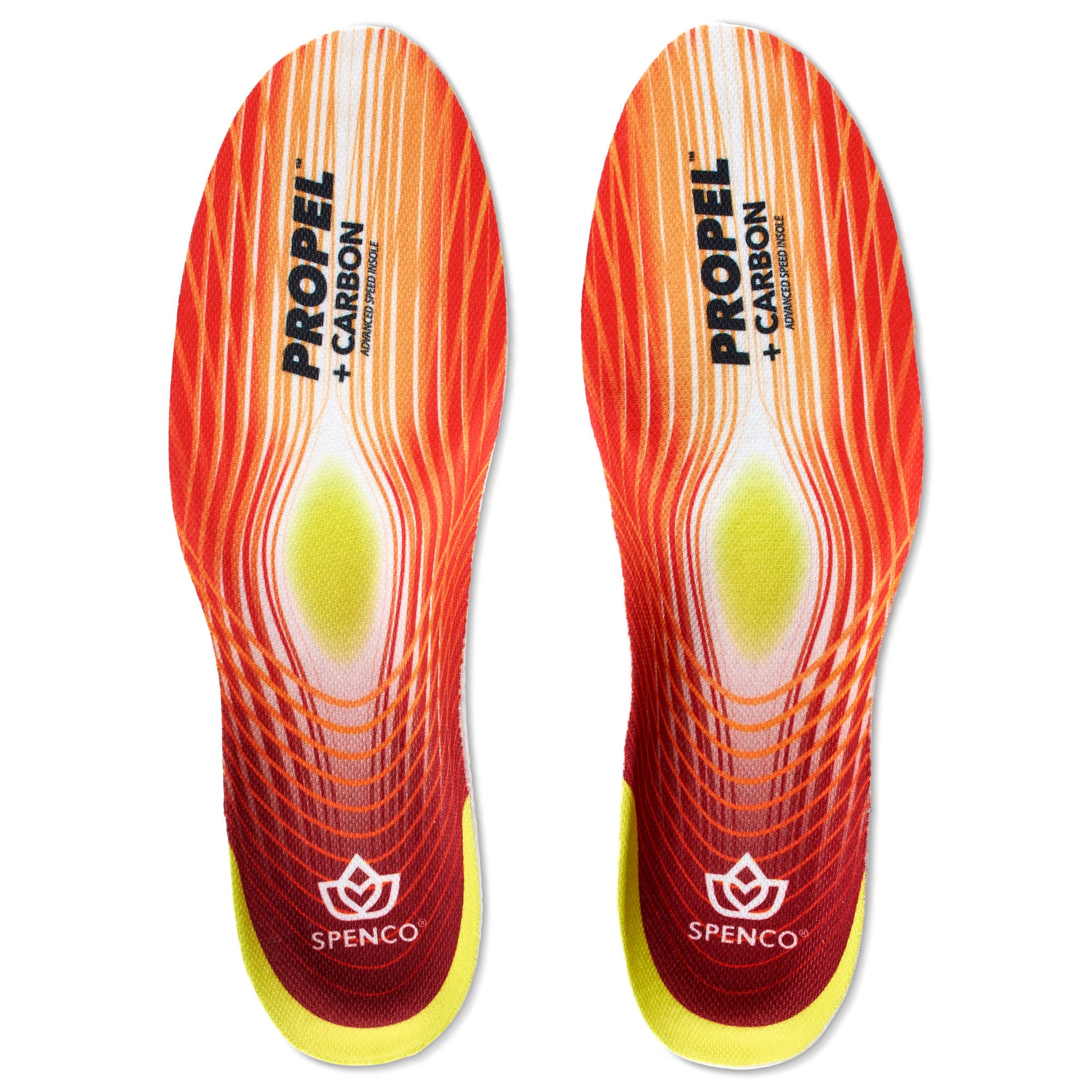Pair of insoles with orange red and yellow design and text ProPell Carbon for sports footwear