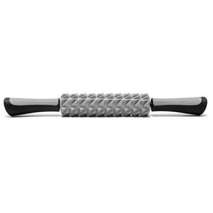 Foam roller stick laying flat with textured center and black handles against a white background.