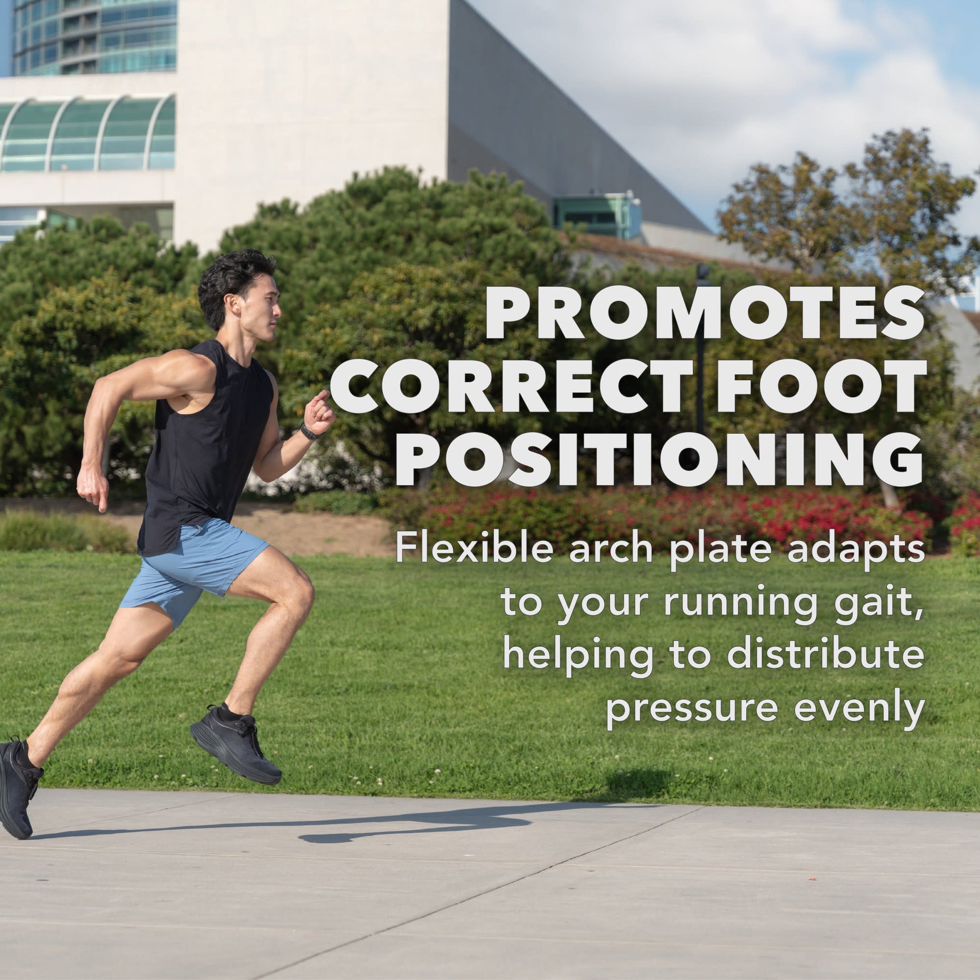 Runner promotes correct foot positioning with a flexible arch plate on a grassy outdoor path.