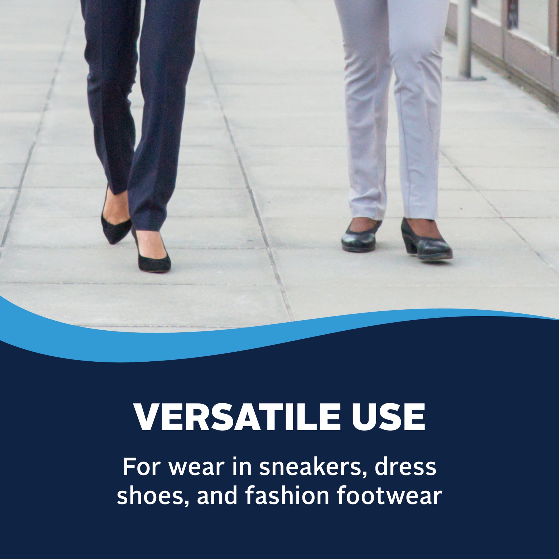 Two women walk on the sidewalk, showcasing versatile shoes suitable for sneakers and dress footwear.