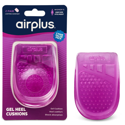 Gel heel cushion compresses internal foam for comfort inside shoe, displayed in pink packaging outdoors.