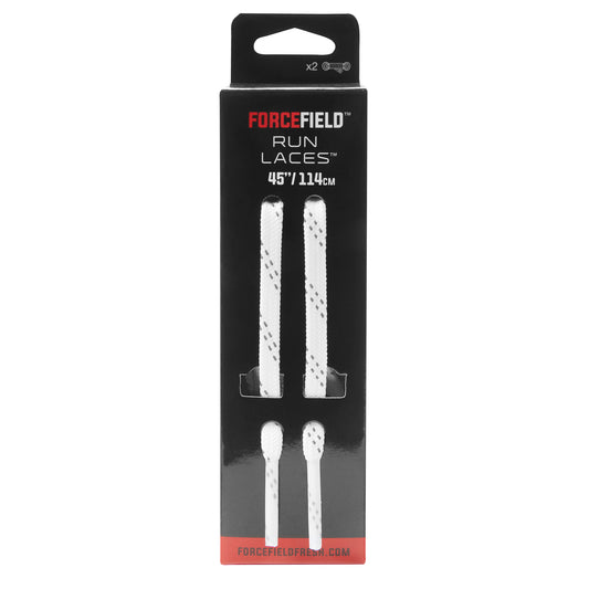 Laces are in packaging for running shoes on a black box in a retail environment.