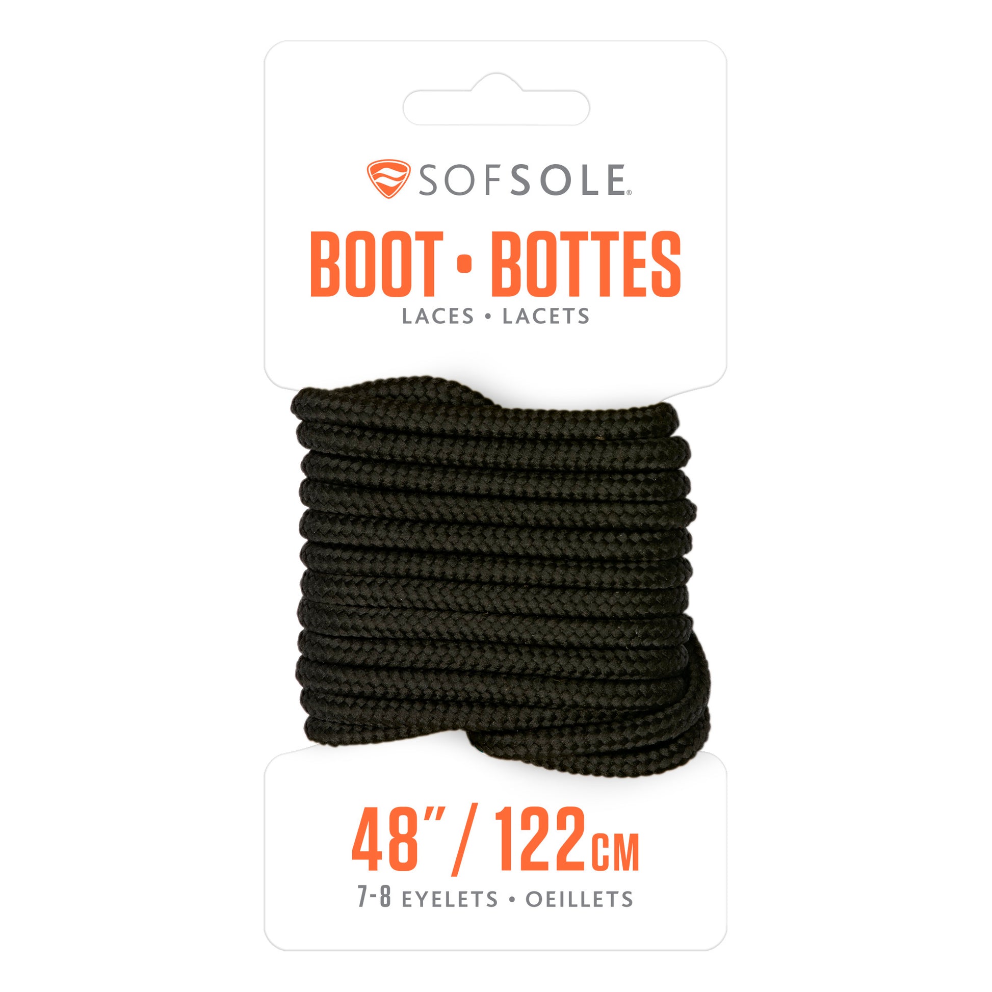 Braided shoelace is wound on a white display card in retail packaging