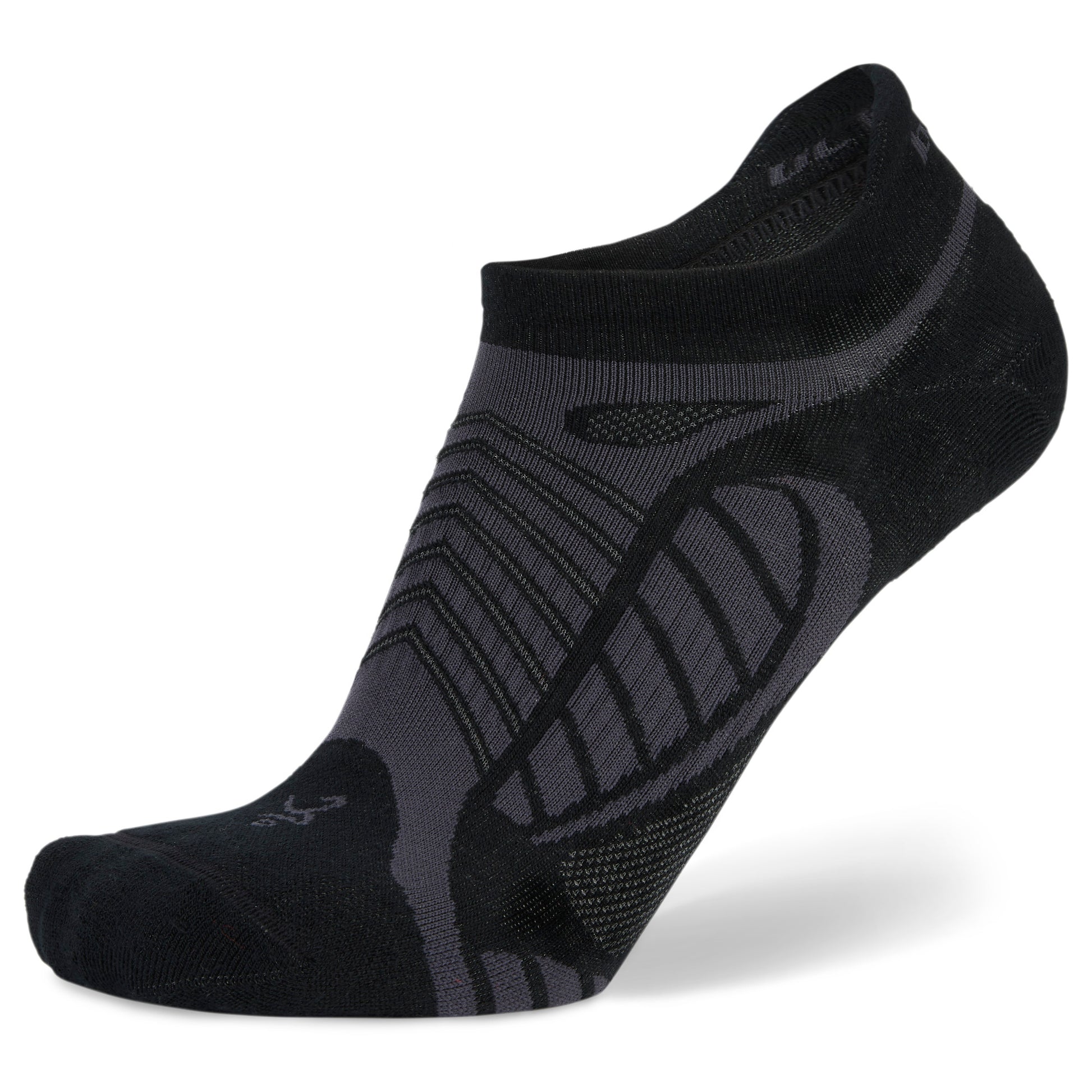 A black and gray athletic sock stretches on a white background for sports or running.