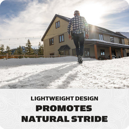 Person walks on snow in front of house promoting lightweight design and natural stride technology.