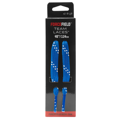 The product is a pair of blue team laces displayed on packaging for sports shoes.