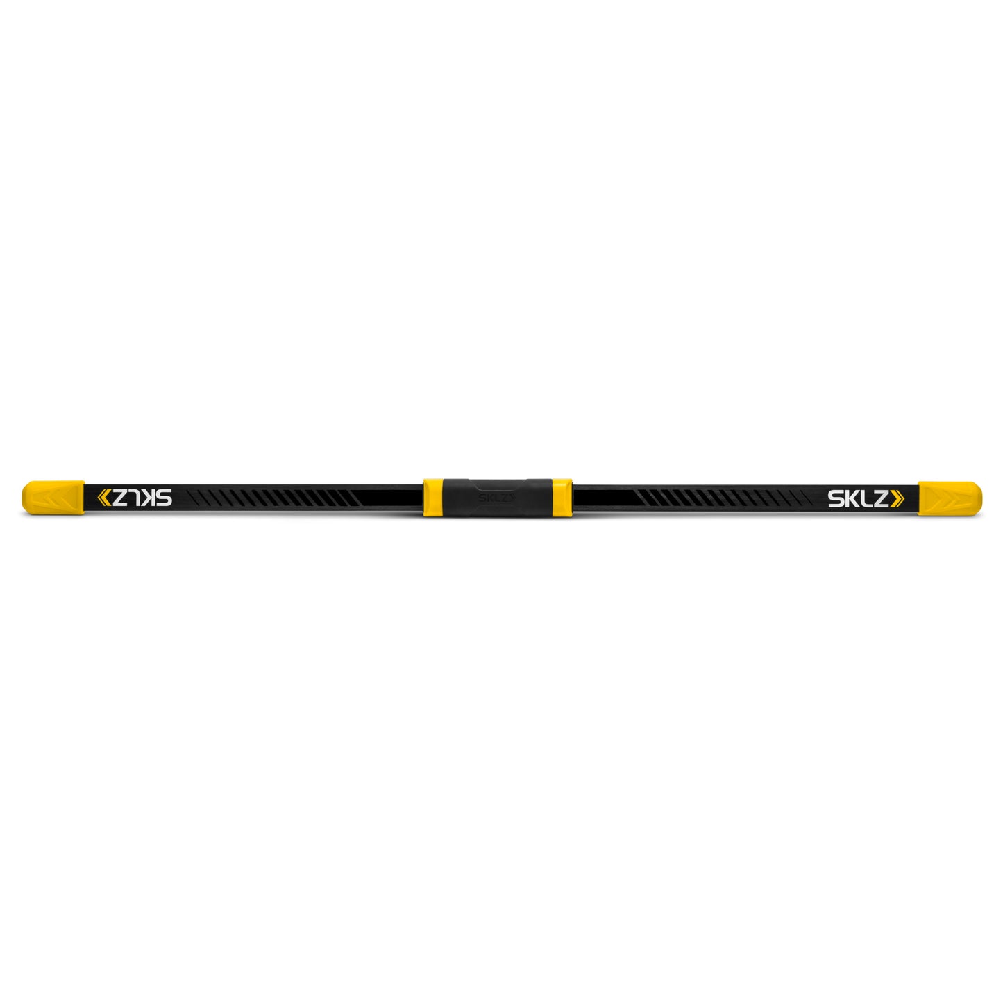 The ski pole spans horizontally with yellow end caps in an empty space.