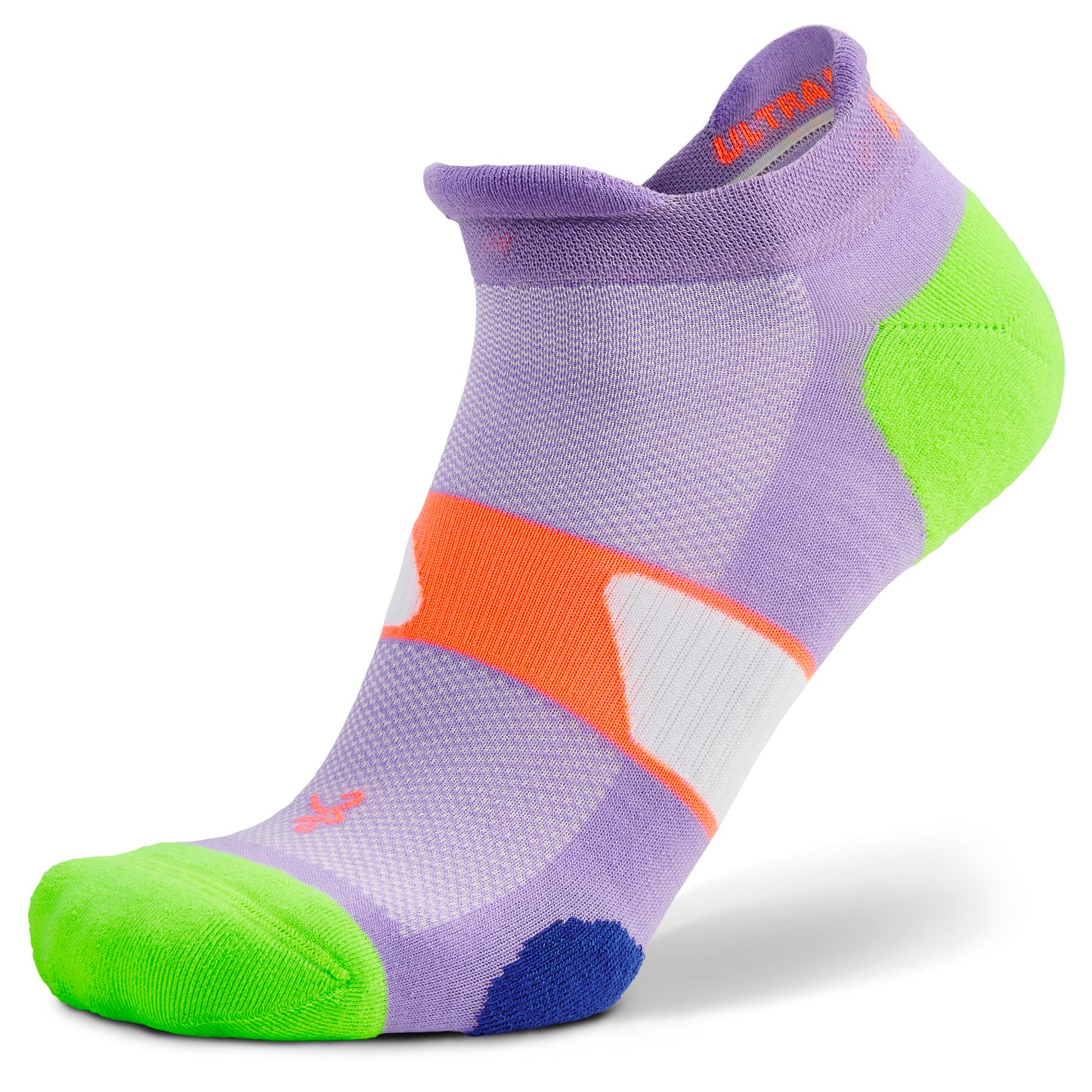 A colorful athletic sock displays vibrant purple green orange and navy in a close-up view.
