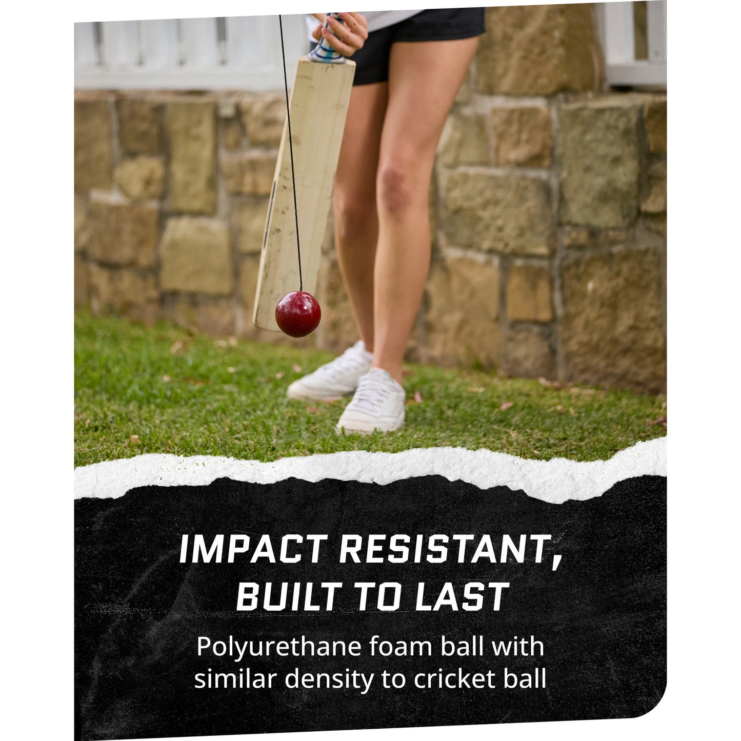 Close up action shot of female using SKLZ Cricket Batball Trainer in backyard with overlay text highlighting impact resistant and built to last