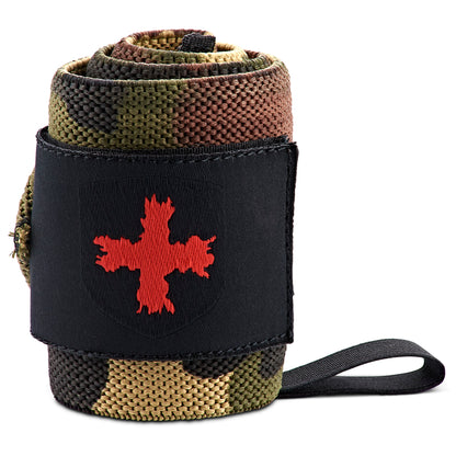 Camouflage belt with red emblem folds and black strap on a white background.