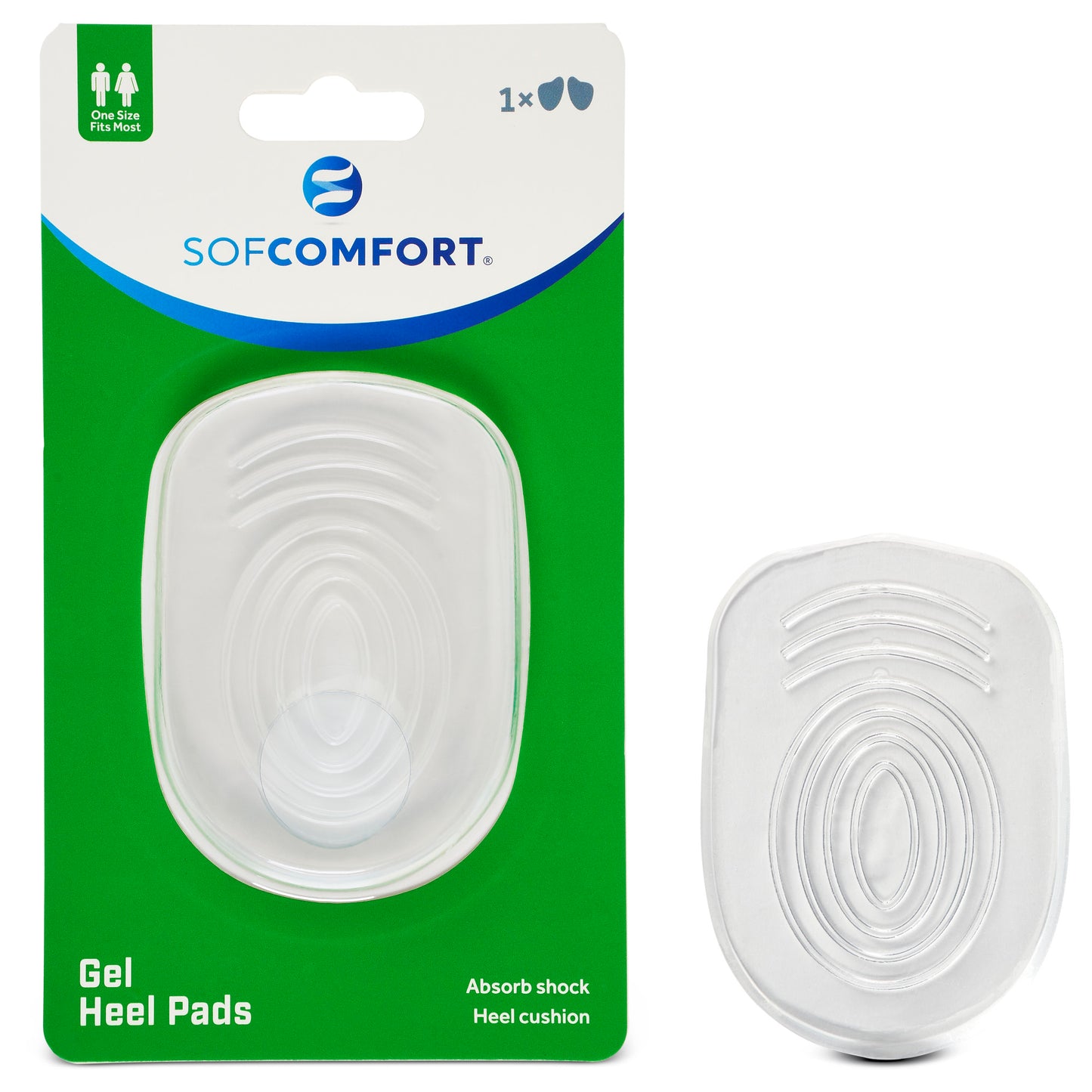 Gel heel pad absorbs shock and cushions heels inside its packaging.