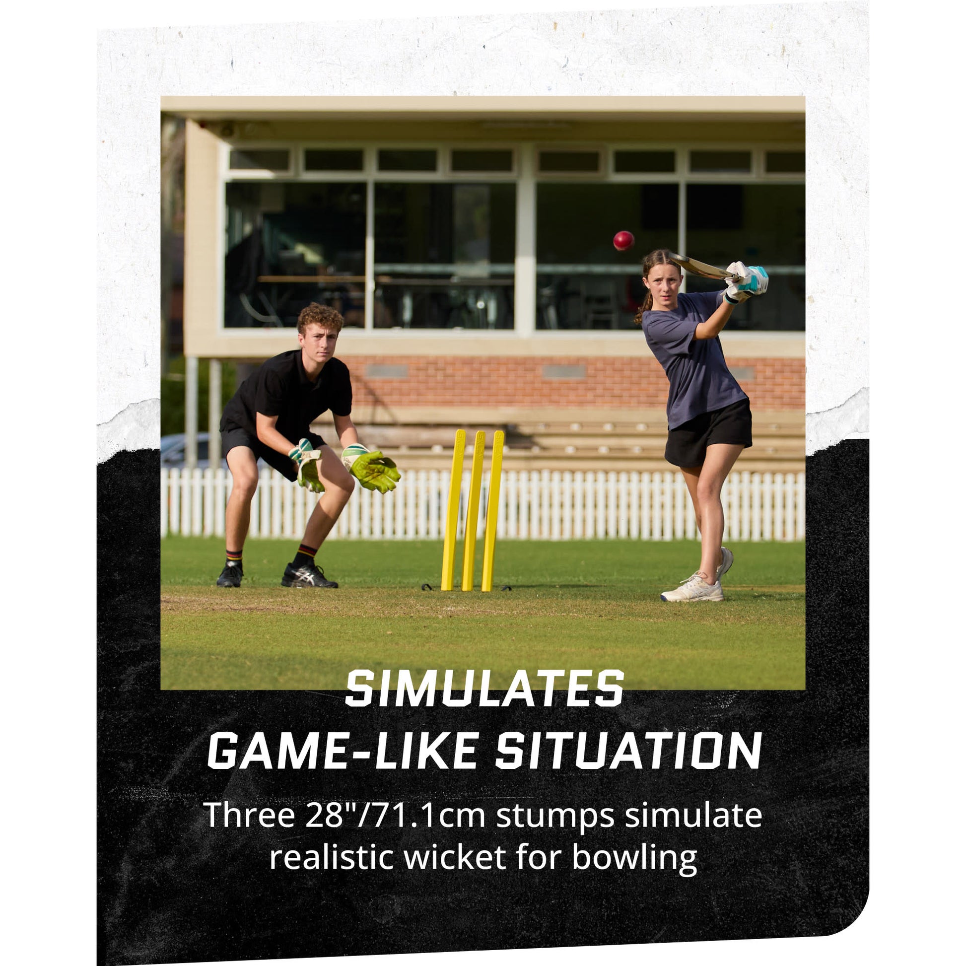 Shot of female and male using SKLZ Cricket 3 Stumps Flexi-Set at a park with overlay text highlighting using in game-like situation